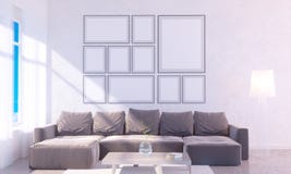 Nowożytny jaskrawy wnętrze z pustą ramą 3D odpłaca się 3D ilustracyjny pokój, scandinavian, kanapa, przestrzeń, w górę, ściana, b Ilustracja Wektor Nowożytny jaskrawy wnętrze z pustą ramą 3D odpłaca się 3D ilustracyjny pokój, scandinavian, kanapa, przestrzeń, w górę, ściana, b Ilustracja Wektor
