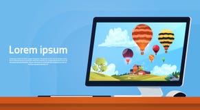 Nowożytny komputer stacjonarny Z Kolorowymi Lotniczymi balonami Lata W niebo wizerunku ilustracji Nowożytny komputer stacjonarny Z Kolorowymi Lotniczymi balonami Lata W niebo wizerunku ilustracji
