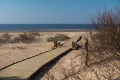 Nowy drewniany drogowy prowadzi? od pla?owego wydmowego lasu z sosnami i bielem wysy?a? morze ba?tyckie zatoka - Vecaki, Latvia fotografia royalty free Nowy drewniany drogowy prowadzi? od pla?owego wydmowego lasu z sosnami i bielem wysy?a? morze ba?tyckie zatoka - Vecaki, Latvia fotografia royalty free