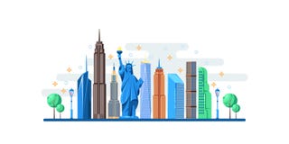 Nowy Jork pejzaż miejski z sławnymi turystycznymi punktami zwrotnymi Wektorowa płaska ilustracja Podróż usa sztandaru horyzontaln royalty ilustracja Nowy Jork pejzaż miejski z sławnymi turystycznymi punktami zwrotnymi Wektorowa płaska ilustracja Podróż usa sztandaru horyzontaln royalty ilustracja