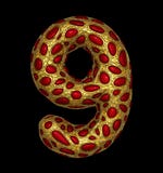 Number 9 nine made of golden shining metallic 3D with red glass isolated on black background. Stock Photography Number 9 nine made of golden shining metallic 3D with red glass isolated on black background. Stock Photography