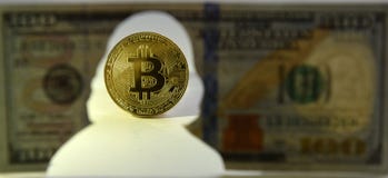 Nuova valuta del mondo Moneta di oro di Bitcoin e siluetta di Benja fotografia stock Nuova valuta del mondo Moneta di oro di Bitcoin e siluetta di Benja fotografia stock