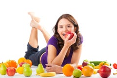 Nutrición sana - mujer joven con las frutas fotos de archivo Nutrición sana - mujer joven con las frutas fotos de archivo