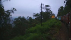 NUWARA ELIYA, SRI LANKA - MÄRZ 2014: Ansicht der nebeligen Landschaft Nuwara Eliya vom beweglichen Zug Der Eisenbahntransport Sri stock video NUWARA ELIYA, SRI LANKA - MÄRZ 2014: Ansicht der nebeligen Landschaft Nuwara Eliya vom beweglichen Zug Der Eisenbahntransport Sri stock video