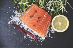 Ny laxfilé på mörk bakgrund/rå laxfiskskaldjur med kryddor för tomatcitronörter och solrosgrodden arkivbilder Ny laxfilé på mörk bakgrund/rå laxfiskskaldjur med kryddor för tomatcitronörter och solrosgrodden arkivbilder