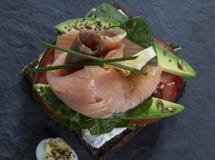 Ny vegetarisk smörgås med den röda fisken och avokadot royaltyfri foto Ny vegetarisk smörgås med den röda fisken och avokadot royaltyfri foto