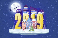 Nytt år 2019 Vintercityscape med ett snögubbe- och julgranträd Vektorstadillustration royaltyfri illustrationer Nytt år 2019 Vintercityscape med ett snögubbe- och julgranträd Vektorstadillustration royaltyfri illustrationer