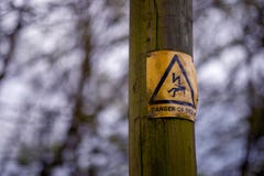 Närbilden av ett elektriskt varnande tecken på trästolpen i parkerar i Kent mot en suddig mest forrest bakgrund royaltyfri fotografi Närbilden av ett elektriskt varnande tecken på trästolpen i parkerar i Kent mot en suddig mest forrest bakgrund royaltyfri fotografi