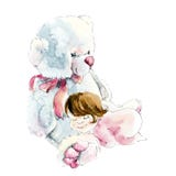 O bebê dorme em um urso de peluche Ilustração tirada mão da aquarela ilustração royalty free O bebê dorme em um urso de peluche Ilustração tirada mão da aquarela ilustração royalty free