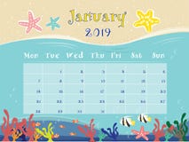 O calendário do oceano de janeiro de 2019 ilustração stock O calendário do oceano de janeiro de 2019 ilustração stock