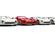 O carro de esportes super moderno bonito está para fora na linha dos carros brancos ilustração do vetor O carro de esportes super moderno bonito está para fora na linha dos carros brancos ilustração do vetor