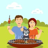O casal com o cão perto do assado ilustração stock O casal com o cão perto do assado ilustração stock