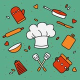 O chapéu do cozinheiro chefe cercado por utensílios da cozinha ilustração royalty free O chapéu do cozinheiro chefe cercado por utensílios da cozinha ilustração royalty free