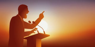 O conceito do discurso com um homem que enderece um público vem considerá-lo em sua reunião ilustração royalty free O conceito do discurso com um homem que enderece um público vem considerá-lo em sua reunião ilustração royalty free