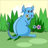 O dragão bonito que senta-se em um prado verde com flores e come a grama ilustração do vetor O dragão bonito que senta-se em um prado verde com flores e come a grama ilustração do vetor