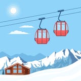 O elevador vermelho da gôndola do esqui move-se em um cabo aéreo no fundo de montanhas da neve do inverno, de montes, de chalé, d ilustração stock O elevador vermelho da gôndola do esqui move-se em um cabo aéreo no fundo de montanhas da neve do inverno, de montes, de chalé, d ilustração stock
