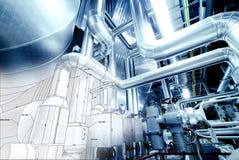 O esboço do projeto do encanamento misturou com as fotos do equipamento industrial ilustração do vetor O esboço do projeto do encanamento misturou com as fotos do equipamento industrial ilustração do vetor
