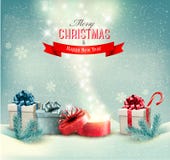 O fundo do inverno do Natal com presentes e abre ilustração royalty free O fundo do inverno do Natal com presentes e abre ilustração royalty free