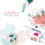 O fundo dos cosméticos com compõe objetos e pontos da aquarela ilustração do vetor O fundo dos cosméticos com compõe objetos e pontos da aquarela ilustração do vetor