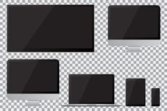 O grupo da tevê realística, lcd, conduziu, monitor do computador, portátil, tabuleta e telefone celular com a tela preta vazia ilustração stock O grupo da tevê realística, lcd, conduziu, monitor do computador, portátil, tabuleta e telefone celular com a tela preta vazia ilustração stock