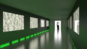 O homem de negócios entra na sala escura com as telas verdes do dólar ilustração do vetor O homem de negócios entra na sala escura com as telas verdes do dólar ilustração do vetor