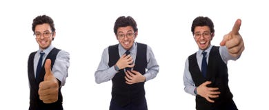 O homem de negócios novo no conceito engraçado no branco fotografia de stock royalty free O homem de negócios novo no conceito engraçado no branco fotografia de stock royalty free