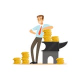 O homem de negócios que está ao lado do batente com moedas de ouro, faz a ilustração do vetor do conceito do dinheiro Foto de Stock Royalty Free O homem de negócios que está ao lado do batente com moedas de ouro, faz a ilustração do vetor do conceito do dinheiro Foto de Stock Royalty Free