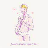 O homem despido novo que guarda uma rosa em sua mão e felicita o dia do ` s das mulheres Linha ilustração ilustração stock O homem despido novo que guarda uma rosa em sua mão e felicita o dia do ` s das mulheres Linha ilustração ilustração stock