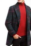 O homem à moda novo vestido na gola alta vermelha, em calças marrons e em um revestimento da manta está no fundo branco imagens de stock O homem à moda novo vestido na gola alta vermelha, em calças marrons e em um revestimento da manta está no fundo branco imagens de stock