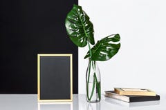O interior à moda com zombaria acima do quadro do cartaz, folhas na garrafa de vidro na tabela com a parede preto e branco no fun imagem de stock O interior à moda com zombaria acima do quadro do cartaz, folhas na garrafa de vidro na tabela com a parede preto e branco no fun imagem de stock
