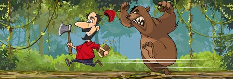 O lenhador dos desenhos animados com um machado está correndo longe de um urso irritado ilustração stock O lenhador dos desenhos animados com um machado está correndo longe de um urso irritado ilustração stock