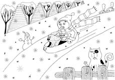 O menino monta da montanha do gelo com o cão Boneco de neve e Ca ilustração stock O menino monta da montanha do gelo com o cão Boneco de neve e Ca ilustração stock