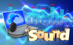 o portátil 3d e os fones de ouvido 'soam' o sinal ilustração royalty free o portátil 3d e os fones de ouvido 'soam' o sinal ilustração royalty free