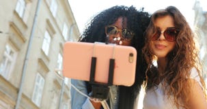 O retrato do close-up de duas meninas de sorriso de encantamento que enviam beijos do ar ao fazer o selfie Um deles é afro-americ vídeos de arquivo O retrato do close-up de duas meninas de sorriso de encantamento que enviam beijos do ar ao fazer o selfie Um deles é afro-americ vídeos de arquivo