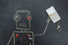 O robô pintado com peças elétricas está guardando uma calculadora ilustração do vetor O robô pintado com peças elétricas está guardando uma calculadora ilustração do vetor