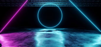 O roxo de incandescência de néon e a fase dada forma Blue Circle do laser iluminam-se sobre ilustração stock O roxo de incandescência de néon e a fase dada forma Blue Circle do laser iluminam-se sobre ilustração stock