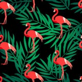O teste padrão sem emenda com flamingo e a palma verde ramifica Ornamento para a matéria têxtil e o envolvimento Fundo do verão d ilustração stock O teste padrão sem emenda com flamingo e a palma verde ramifica Ornamento para a matéria têxtil e o envolvimento Fundo do verão d ilustração stock