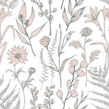 O teste padrão sem emenda monocromático com as flores selvagens de florescência entrega tirado no fundo branco Contexto natural c ilustração stock O teste padrão sem emenda monocromático com as flores selvagens de florescência entrega tirado no fundo branco Contexto natural c ilustração stock