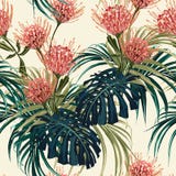 O teste padrão tropical do vetor sem emenda floral, fundo do verão da mola com protea exótico floresce, folhas de palmeira ilustração royalty free O teste padrão tropical do vetor sem emenda floral, fundo do verão da mola com protea exótico floresce, folhas de palmeira ilustração royalty free