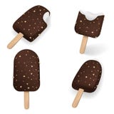 O vetor ajustado com o picol? do chocolate com as porcas na vara no poze diferente inteiro e mordido isolou-se no fundo branco ilustração royalty free O vetor ajustado com o picol? do chocolate com as porcas na vara no poze diferente inteiro e mordido isolou-se no fundo branco ilustração royalty free