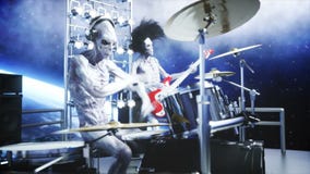 Obcy skały przyjęcie na astronautycznym statku koncert Gitary, basu i bębenu sztuka, Ziemski tło Obcy śmieszny pojęcie Realistycz ilustracji Obcy skały przyjęcie na astronautycznym statku koncert Gitary, basu i bębenu sztuka, Ziemski tło Obcy śmieszny pojęcie Realistycz ilustracji