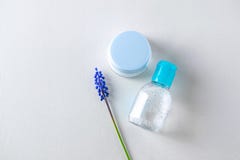 Obenliegende flache Lage der Gesichtssorgfaltbehandlungs-Kosmetik lizenzfreies stockfoto Obenliegende flache Lage der Gesichtssorgfaltbehandlungs-Kosmetik lizenzfreies stockfoto