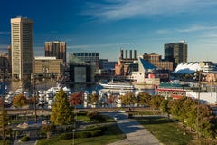 OCTOBER 28, 2016 - Baltimore Inner Harbor late afternoon lighting of ships and skyline, Baltimore, Maryland, shot from Federal Par stock photos OCTOBER 28, 2016 - Baltimore Inner Harbor late afternoon lighting of ships and skyline, Baltimore, Maryland, shot from Federal Par stock photos