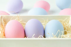 Oeufs de pâques en pastel au panier en bois Photographie stock libre de droits Oeufs de pâques en pastel au panier en bois Photographie stock libre de droits