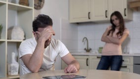 Offended husband and wife silent after conflict, problems in marriage, divorce royalty free stock photos Offended husband and wife silent after conflict, problems in marriage, divorce royalty free stock photos