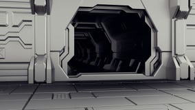 Offene Hangartür auf dem Raumfahrzeug Hinter der Tür ist ein dunkler Tunnel Wiedergabe 3d lizenzfreie abbildung Offene Hangartür auf dem Raumfahrzeug Hinter der Tür ist ein dunkler Tunnel Wiedergabe 3d lizenzfreie abbildung