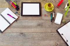 Office desk mock up template with table, smart phone, notebook and cup of coffee stock photography Office desk mock up template with table, smart phone, notebook and cup of coffee stock photography