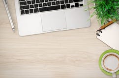 Office desk top view with lot of stuff. On wooden background Royalty Free Stock Image Office desk top view with lot of stuff. On wooden background Royalty Free Stock Image
