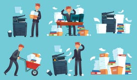 Office documents copier. Printed business papers, businessman broke printer and documents copy machine cartoon vector stock illustration Office documents copier. Printed business papers, businessman broke printer and documents copy machine cartoon vector stock illustration
