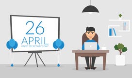 Office room on April, 26. Happy Secretary`s Day. Businessman working at a computer. Cute character. Flat design. Vector Stock Image Office room on April, 26. Happy Secretary`s Day. Businessman working at a computer. Cute character. Flat design. Vector Stock Image